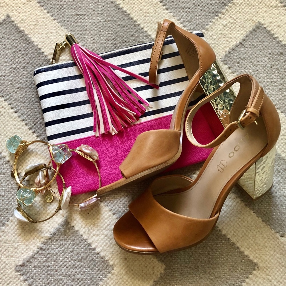 ALDO Gold Stacked Strapped Leather Heels Size 7